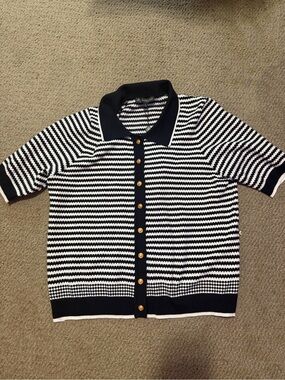 Striped Short-Sleeve Button Cardigan - Navy & White